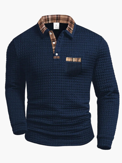 Herren Langarm Freizeitshirt im Waffelmuster mit Karodetail – Modernes Polo für Alltag und Freizeit