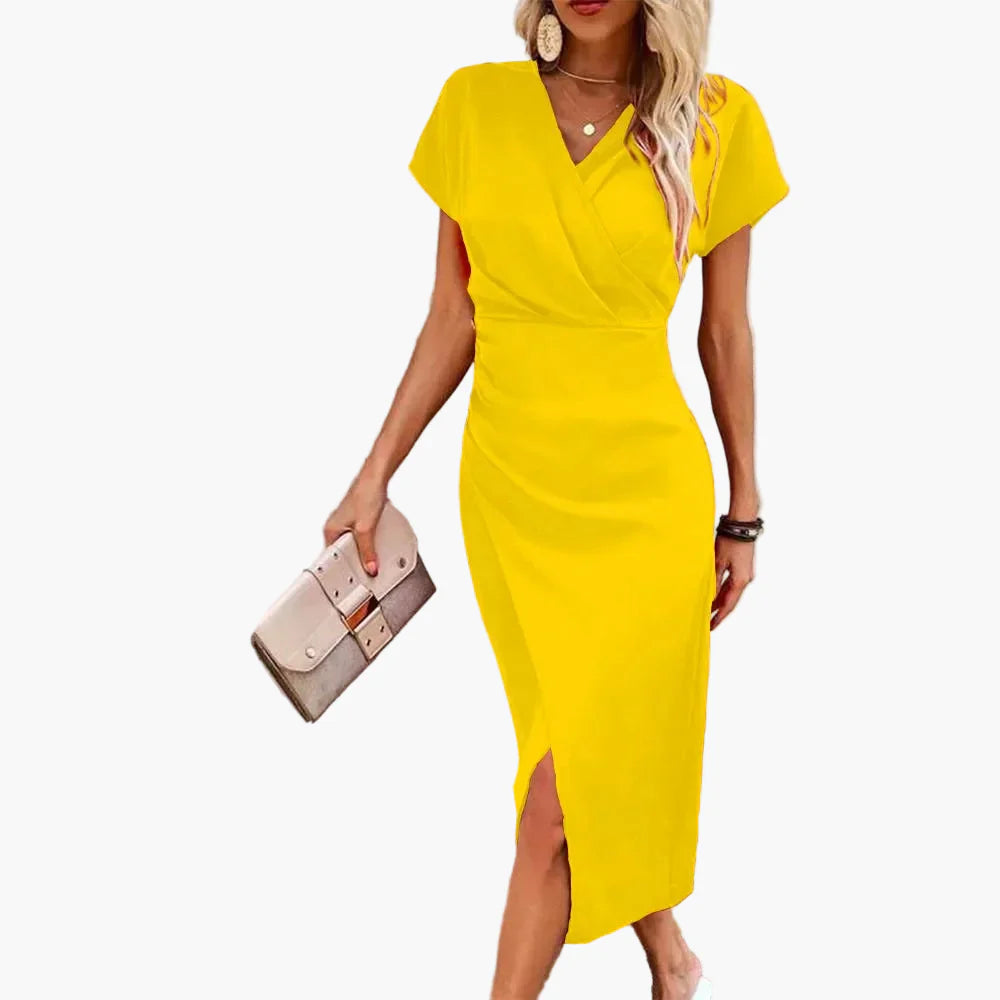 Damen Midikleid mit V-Ausschnitt – Elegantes Freizeitkleid im Wickelstil, Perfekt für Alltag & Events