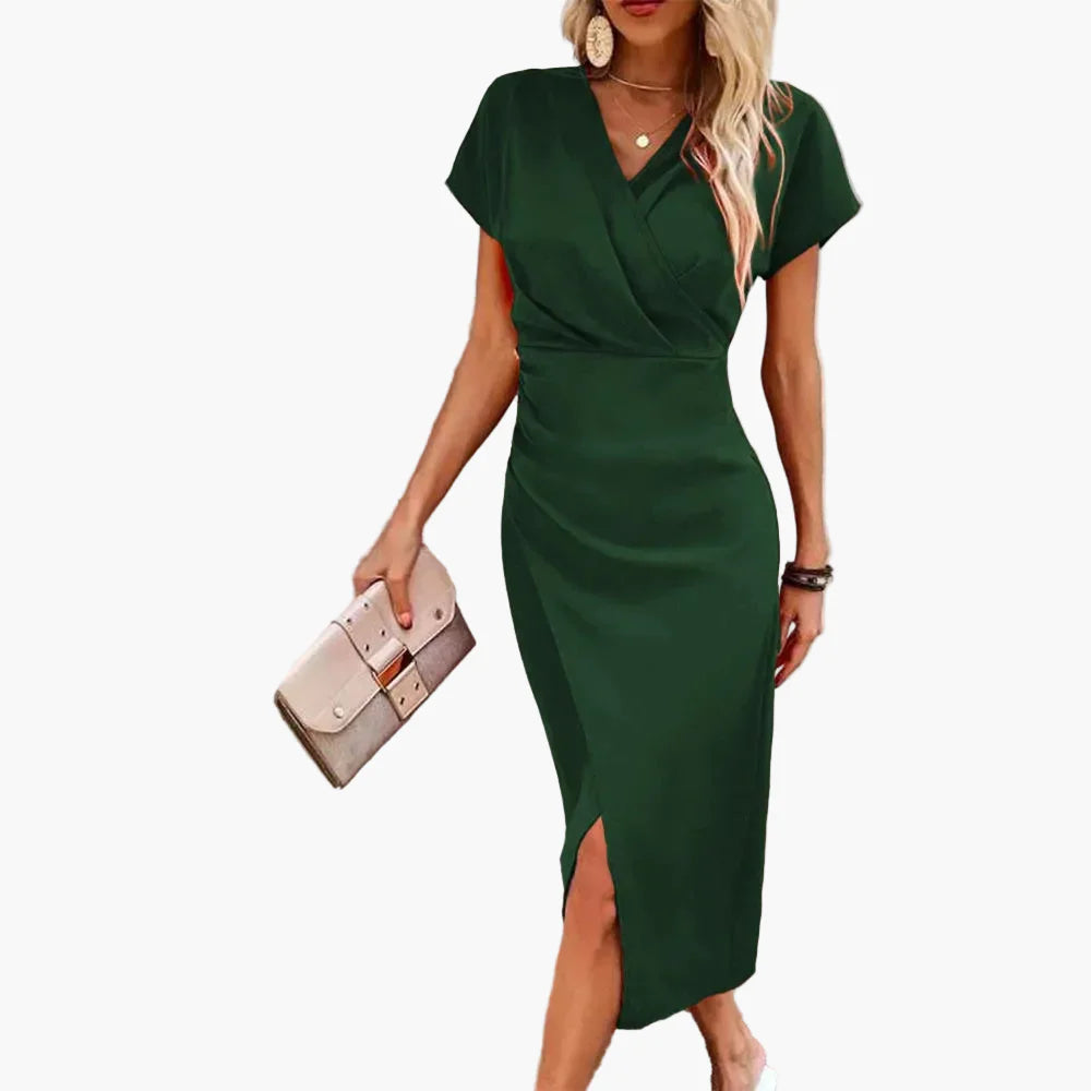 Damen Midikleid mit V-Ausschnitt – Elegantes Freizeitkleid im Wickelstil, Perfekt für Alltag & Events