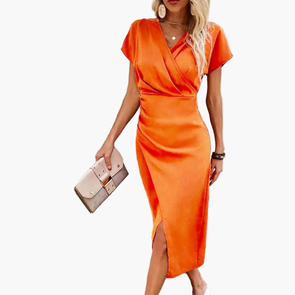 Damen Midikleid mit V-Ausschnitt – Elegantes Freizeitkleid im Wickelstil, Perfekt für Alltag & Events