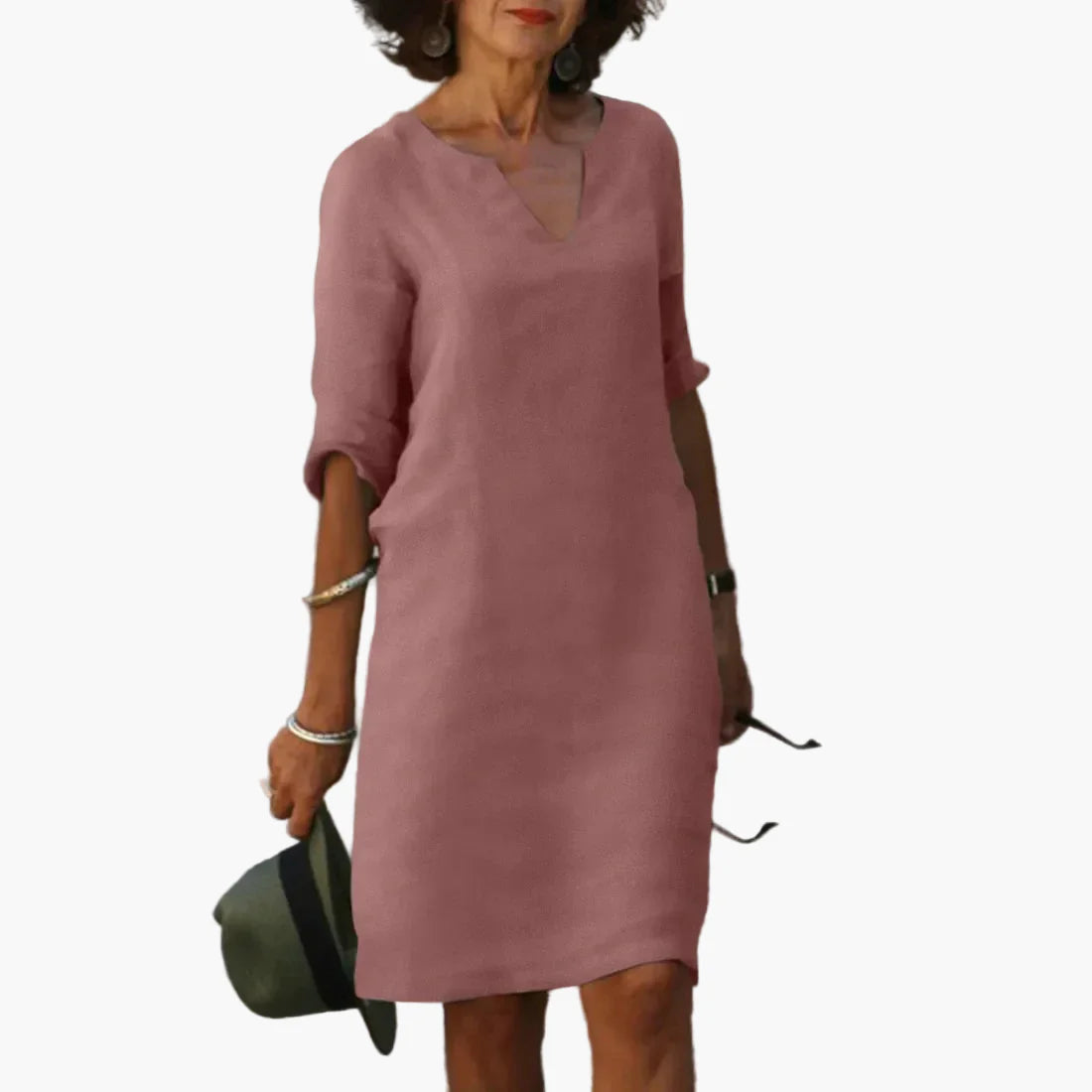 Damen Kleid mit V-Ausschnitt und 3/4-Ärmeln – Eleganter Freizeit- und Alltagsstil