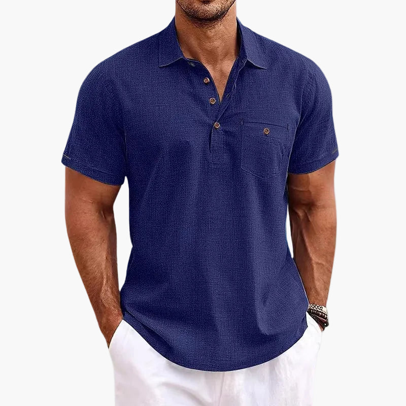 Herren Sommer Veganes Leinen Polo Shirt – Freizeit Poloshirt mit Brusttasche, Kurzarm, Ideal für Alltag & Urlaub