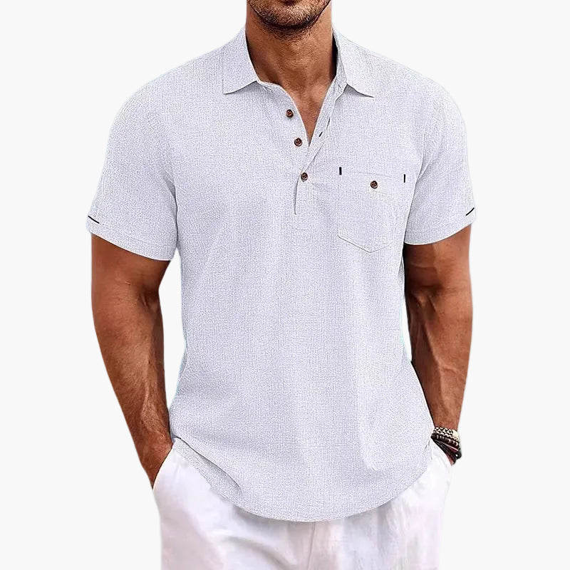 Herren Sommer Veganes Leinen Polo Shirt – Freizeit Poloshirt mit Brusttasche, Kurzarm, Ideal für Alltag & Urlaub