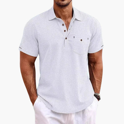 Herren Sommer Veganes Leinen Polo Shirt – Freizeit Poloshirt mit Brusttasche, Kurzarm, Ideal für Alltag & Urlaub