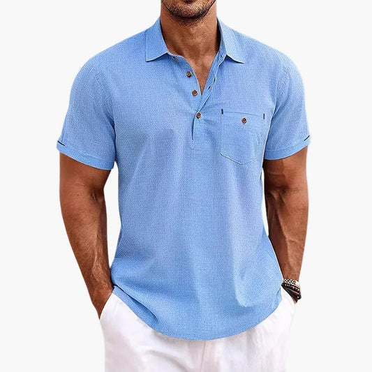 Herren Sommer Veganes Leinen Polo Shirt – Freizeit Poloshirt mit Brusttasche, Kurzarm, Ideal für Alltag & Urlaub