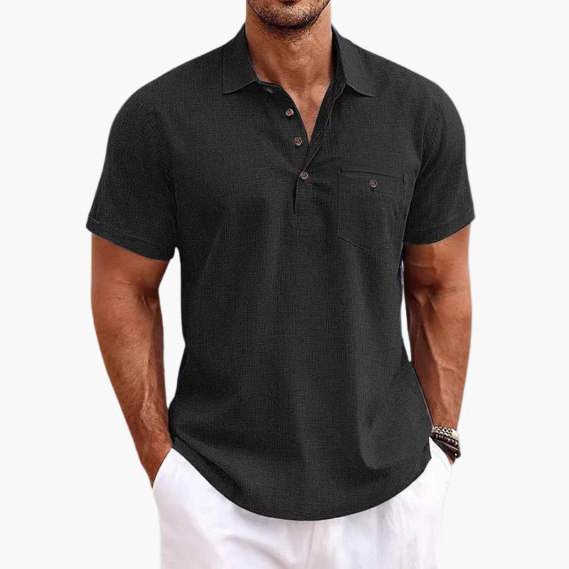 Herren Sommer Veganes Leinen Polo Shirt – Freizeit Poloshirt mit Brusttasche, Kurzarm, Ideal für Alltag & Urlaub