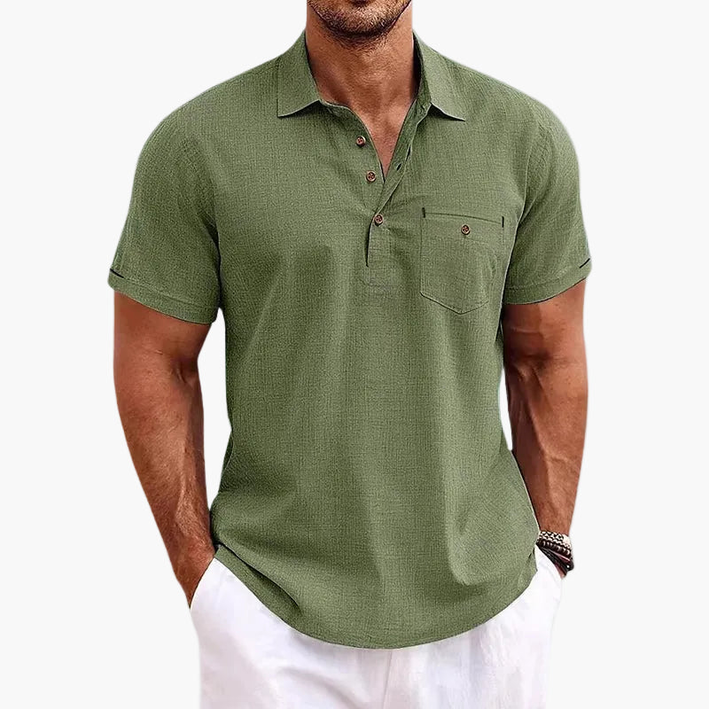 Herren Sommer Veganes Leinen Polo Shirt – Freizeit Poloshirt mit Brusttasche, Kurzarm, Ideal für Alltag & Urlaub