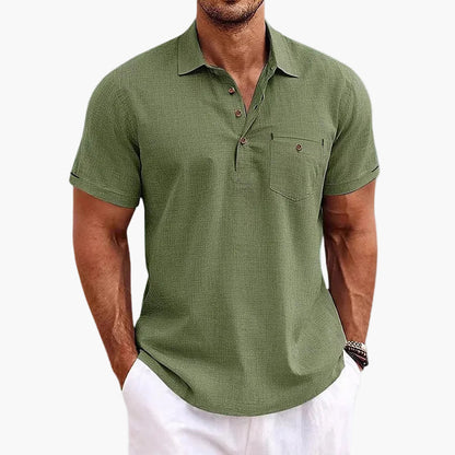 Herren Sommer Veganes Leinen Polo Shirt – Freizeit Poloshirt mit Brusttasche, Kurzarm, Ideal für Alltag & Urlaub