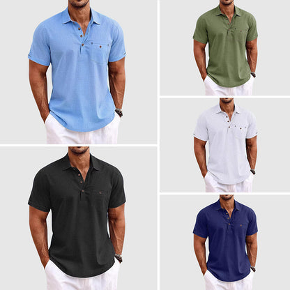 Herren Sommer Veganes Leinen Polo Shirt – Freizeit Poloshirt mit Brusttasche, Kurzarm, Ideal für Alltag & Urlaub