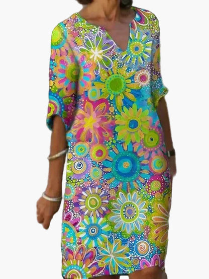 Damen Sommerkleid mit V-Ausschnitt und geblümtem Retro-Print – Lässiges Blumenkleid für Alltag & Freizeit