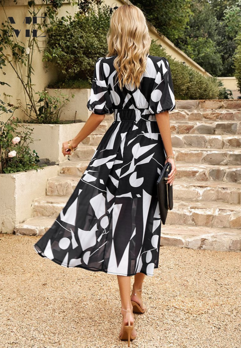 Damen Midi-Kleid mit Blumenmuster und Puffärmeln – Elegantes Sommerkleid für Alltag & besondere Anlässe