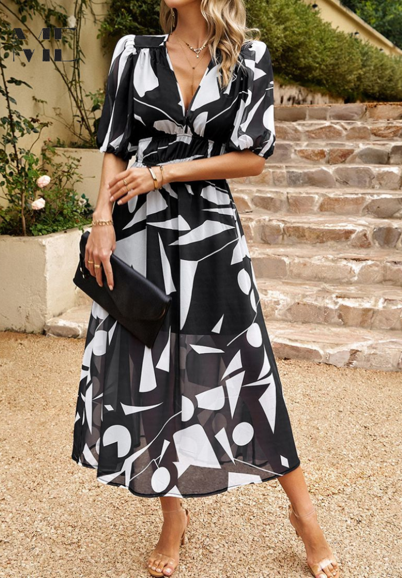 Damen Midi-Kleid mit Blumenmuster und Puffärmeln – Elegantes Sommerkleid für Alltag & besondere Anlässe