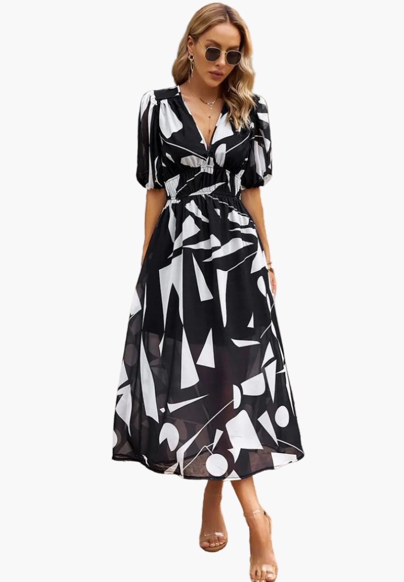 Damen Midi-Kleid mit Blumenmuster und Puffärmeln – Elegantes Sommerkleid für Alltag & besondere Anlässe