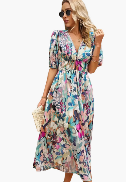 Damen Midi-Kleid mit Blumenmuster und Puffärmeln – Elegantes Sommerkleid für Alltag & besondere Anlässe
