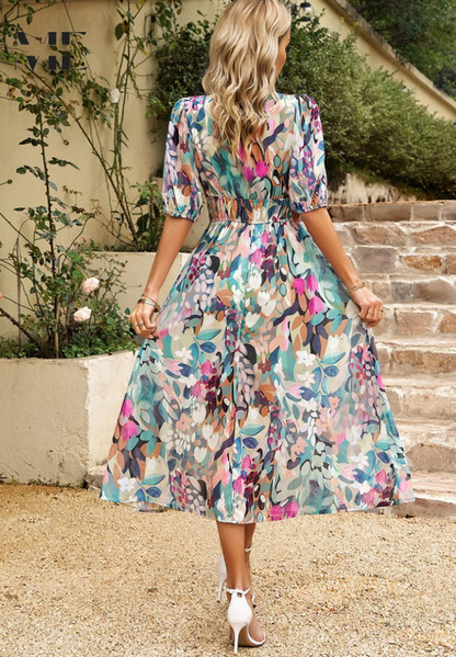 Damen Midi-Kleid mit Blumenmuster und Puffärmeln – Elegantes Sommerkleid für Alltag & besondere Anlässe