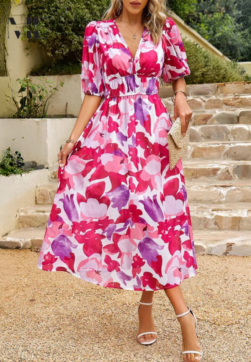 Damen Midi-Kleid mit Blumenmuster und Puffärmeln – Elegantes Sommerkleid für Alltag & besondere Anlässe
