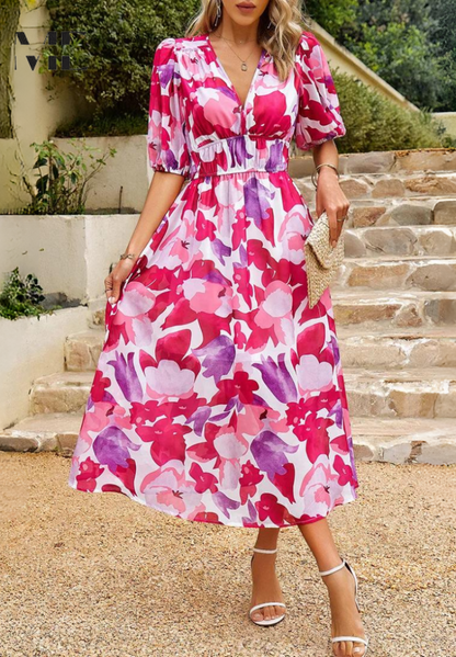 Damen Midi-Kleid mit Blumenmuster und Puffärmeln – Elegantes Sommerkleid für Alltag & besondere Anlässe