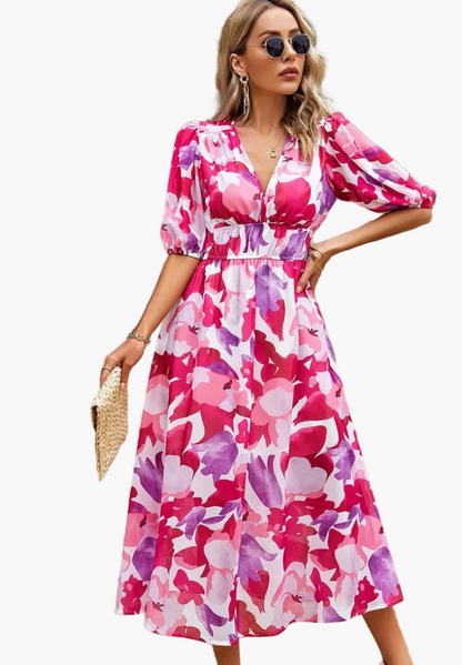 Damen Midi-Kleid mit Blumenmuster und Puffärmeln – Elegantes Sommerkleid für Alltag & besondere Anlässe