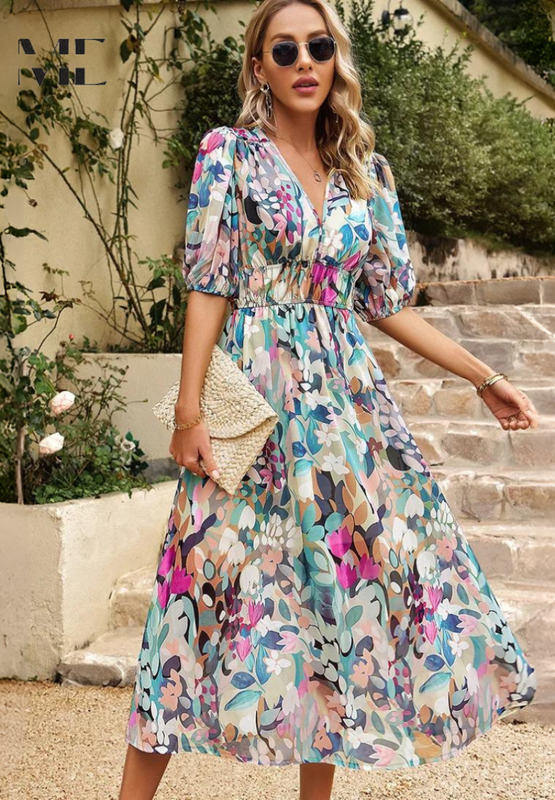 Damen Midi-Kleid mit Blumenmuster und Puffärmeln – Elegantes Sommerkleid für Alltag & besondere Anlässe
