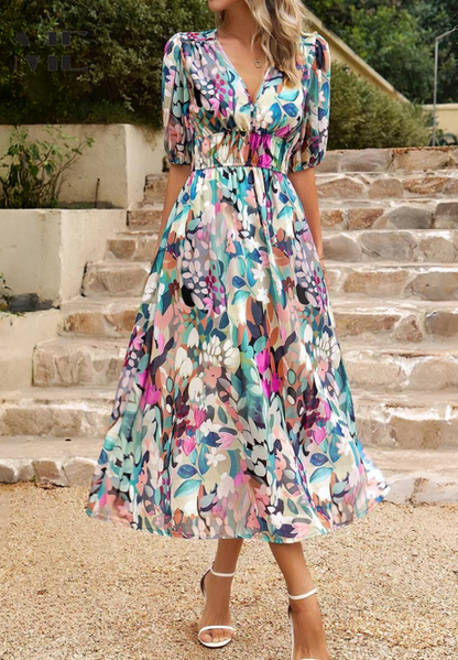 Damen Midi-Kleid mit Blumenmuster und Puffärmeln – Elegantes Sommerkleid für Alltag & besondere Anlässe