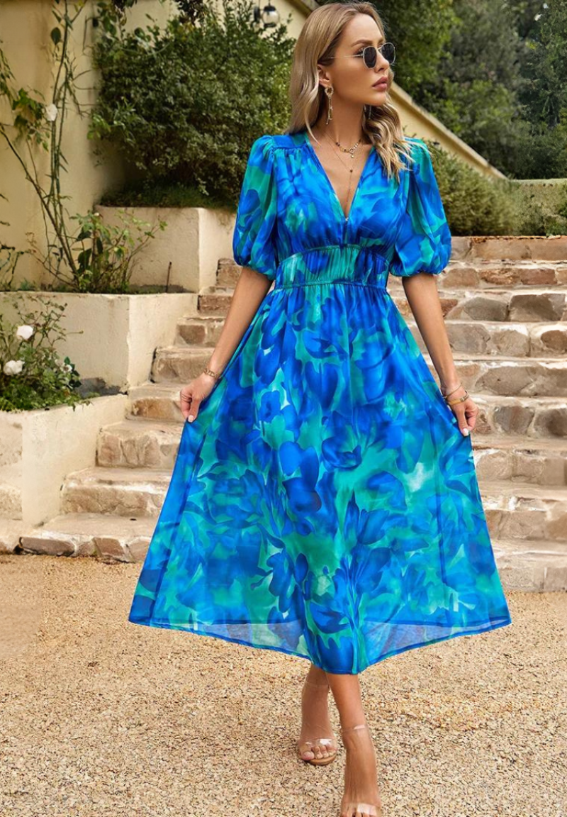Damen Midi-Kleid mit Blumenmuster und Puffärmeln – Elegantes Sommerkleid für Alltag & besondere Anlässe
