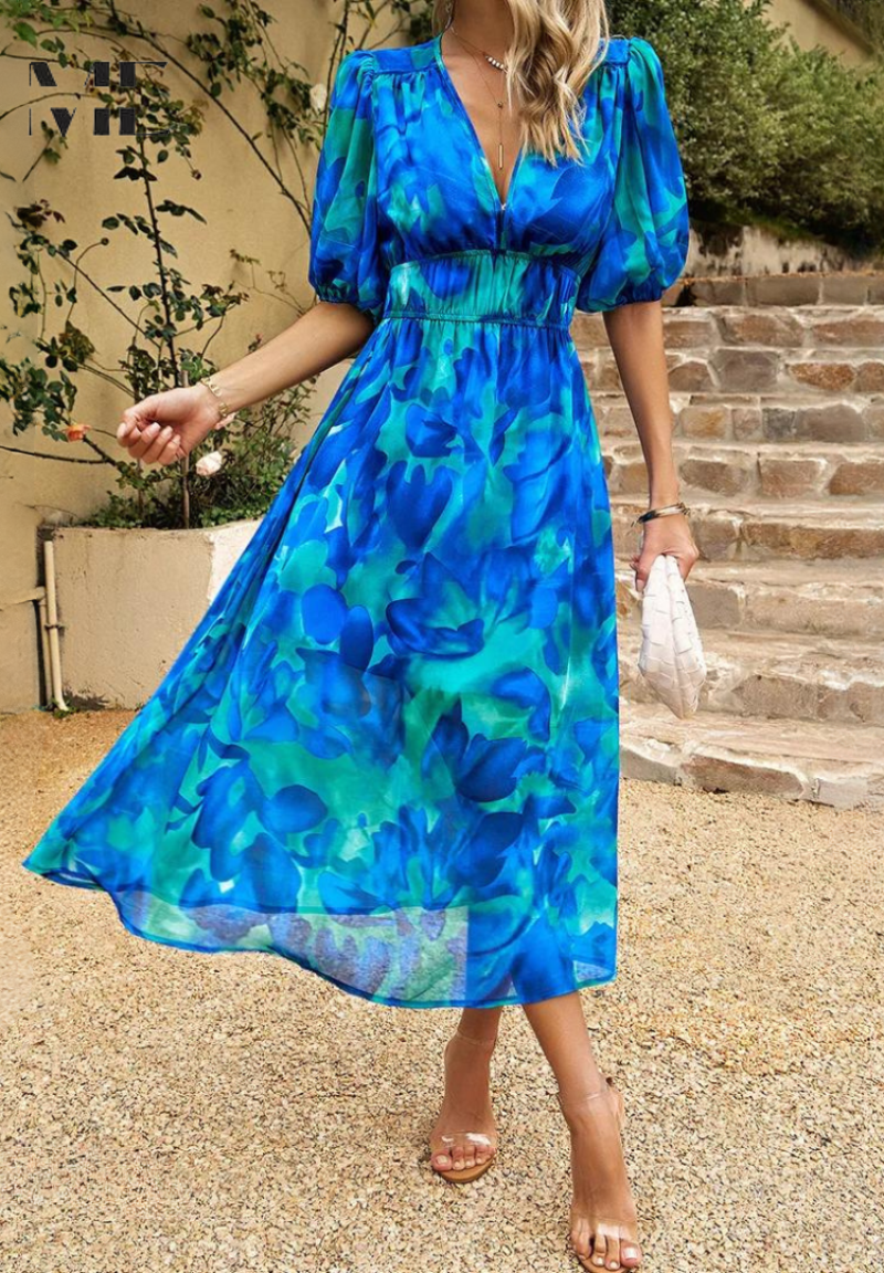 Damen Midi-Kleid mit Blumenmuster und Puffärmeln – Elegantes Sommerkleid für Alltag & besondere Anlässe