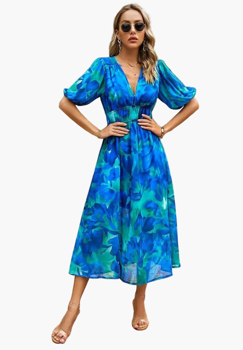 Damen Midi-Kleid mit Blumenmuster und Puffärmeln – Elegantes Sommerkleid für Alltag & besondere Anlässe