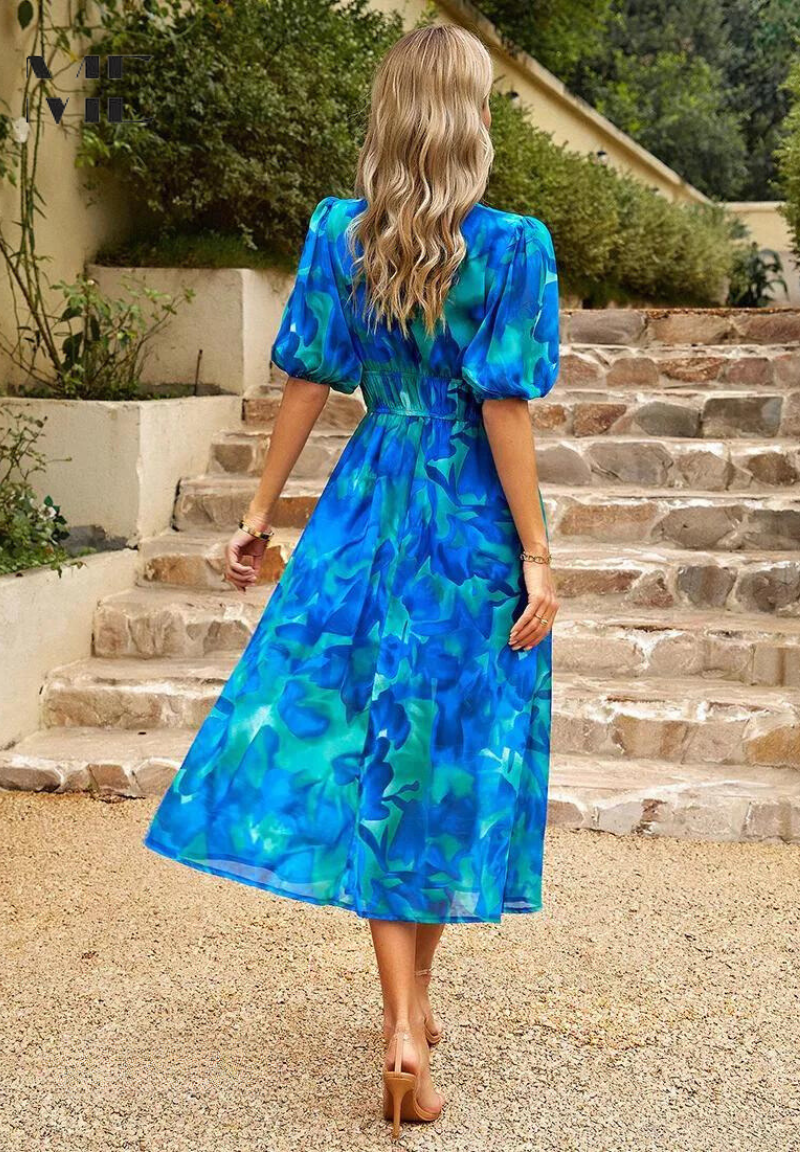 Damen Midi-Kleid mit Blumenmuster und Puffärmeln – Elegantes Sommerkleid für Alltag & besondere Anlässe