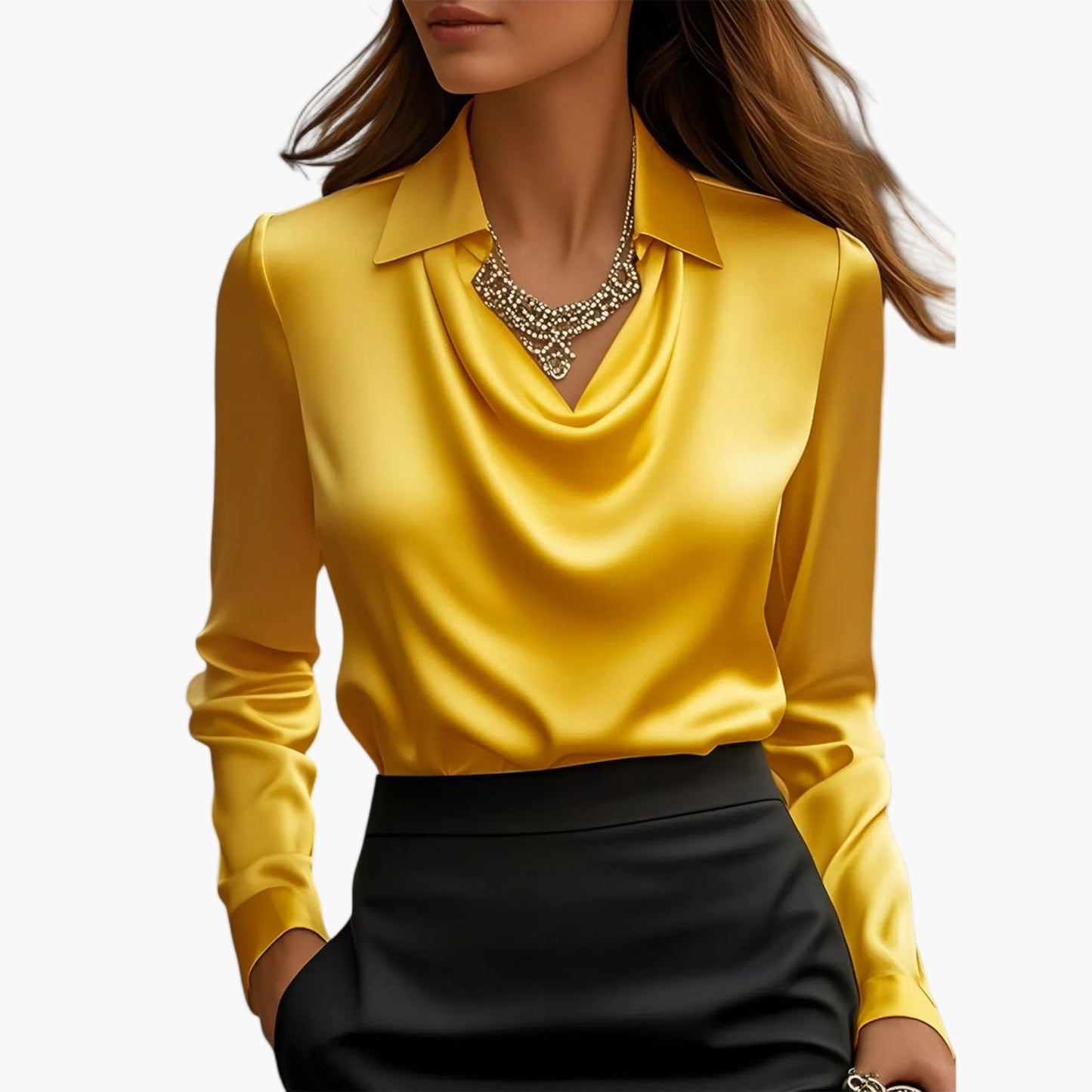 Damen Satinbluse mit Wasserfallkragen – Elegante Business- und Abendmode