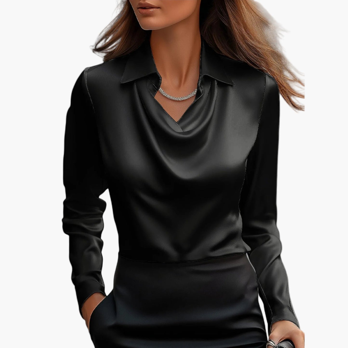 Damen Satinbluse mit Wasserfallkragen – Elegante Business- und Abendmode