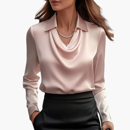 Damen Satinbluse mit Wasserfallkragen – Elegante Business- und Abendmode