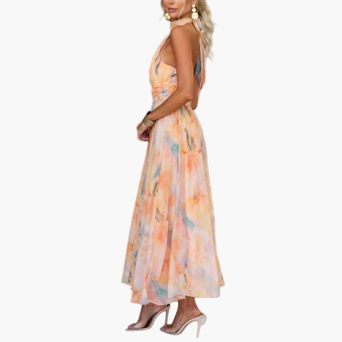 Damen Maxikleid Elegant Wasserfarbenmuster – Perfekt für Sommer und festliche Anlässe