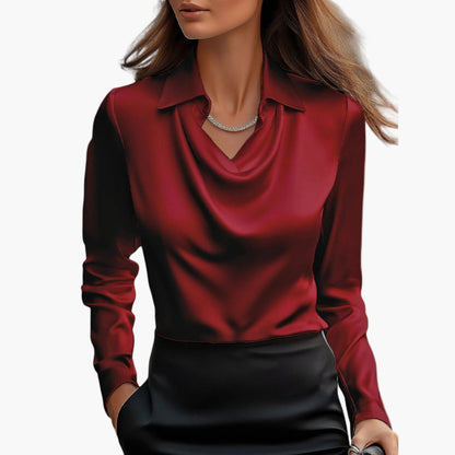 Damen Satinbluse mit Wasserfallkragen – Elegante Business- und Abendmode