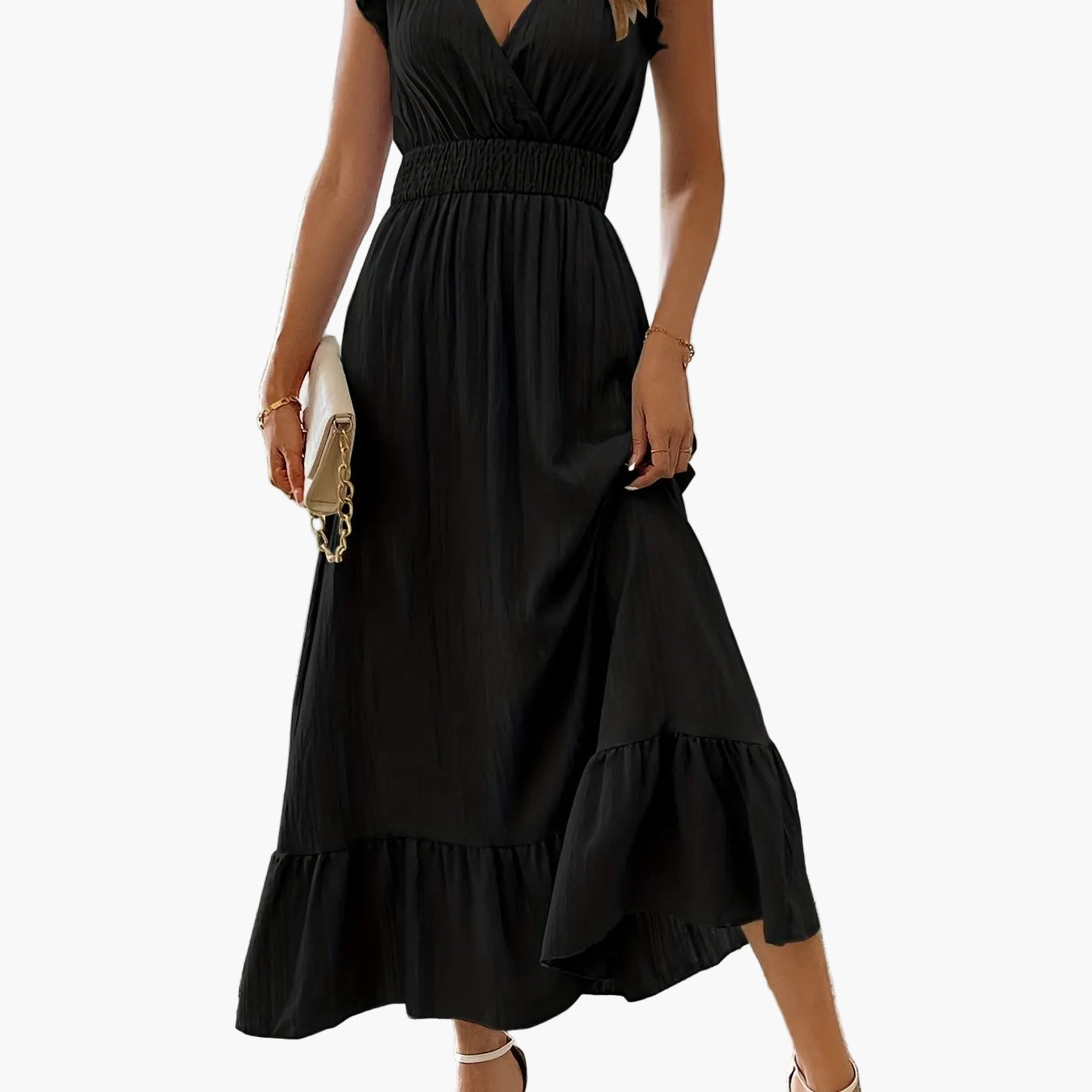 Damen Elegantes Maxikleid mit V-Ausschnitt und Rüschen – Perfekt für Sommer und besondere Anlässe
