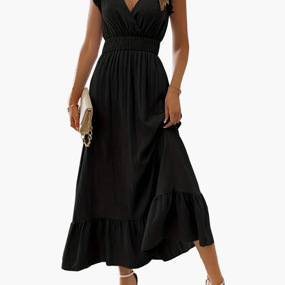 Damen Elegantes Maxikleid mit V-Ausschnitt und Rüschen – Perfekt für Sommer und besondere Anlässe