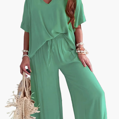 Damen Eleganter Einteiler Jumpsuit mit Weitem Bein und V-Ausschnitt – Modisch für Alltag und Freizeit