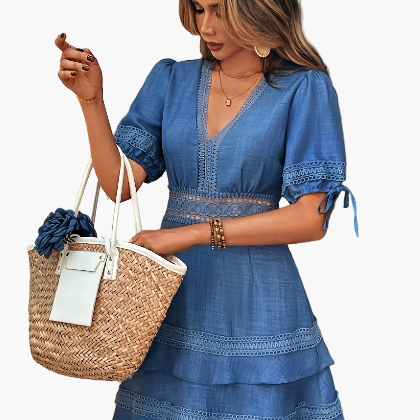 Damen Elegant Volantkleid mit Spitze und V-Ausschnitt – Perfekt für Alltag und Urlaub