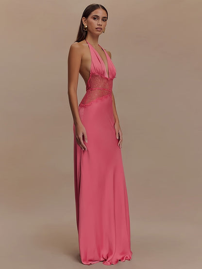 Damen Abendkleid Elegant mit Spitzen-Detail und Tiefem V-Ausschnitt – Perfekt für Besondere Anlässe