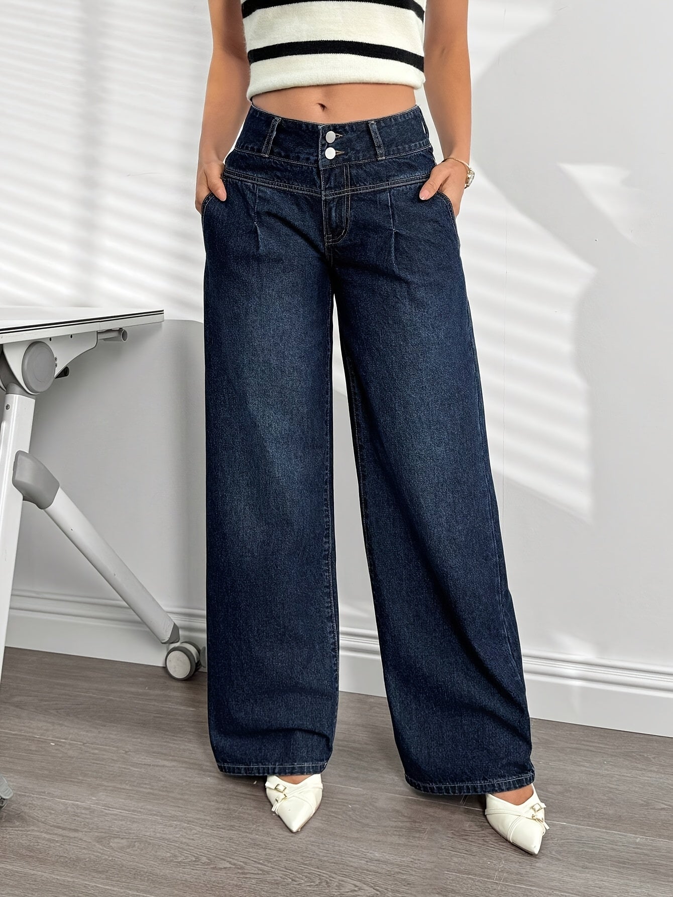 Damen High Waist Weite Schlagjeans – Modische Freizeit-Hose mit weitem Bein