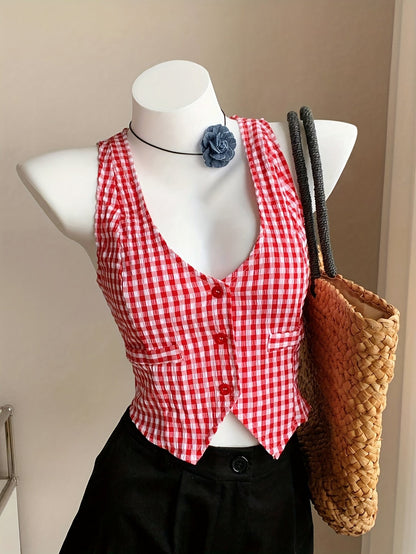 Damen Vintage Vichy-Karo Weste – Eleganter Sommer-Look für Freizeit und Alltag