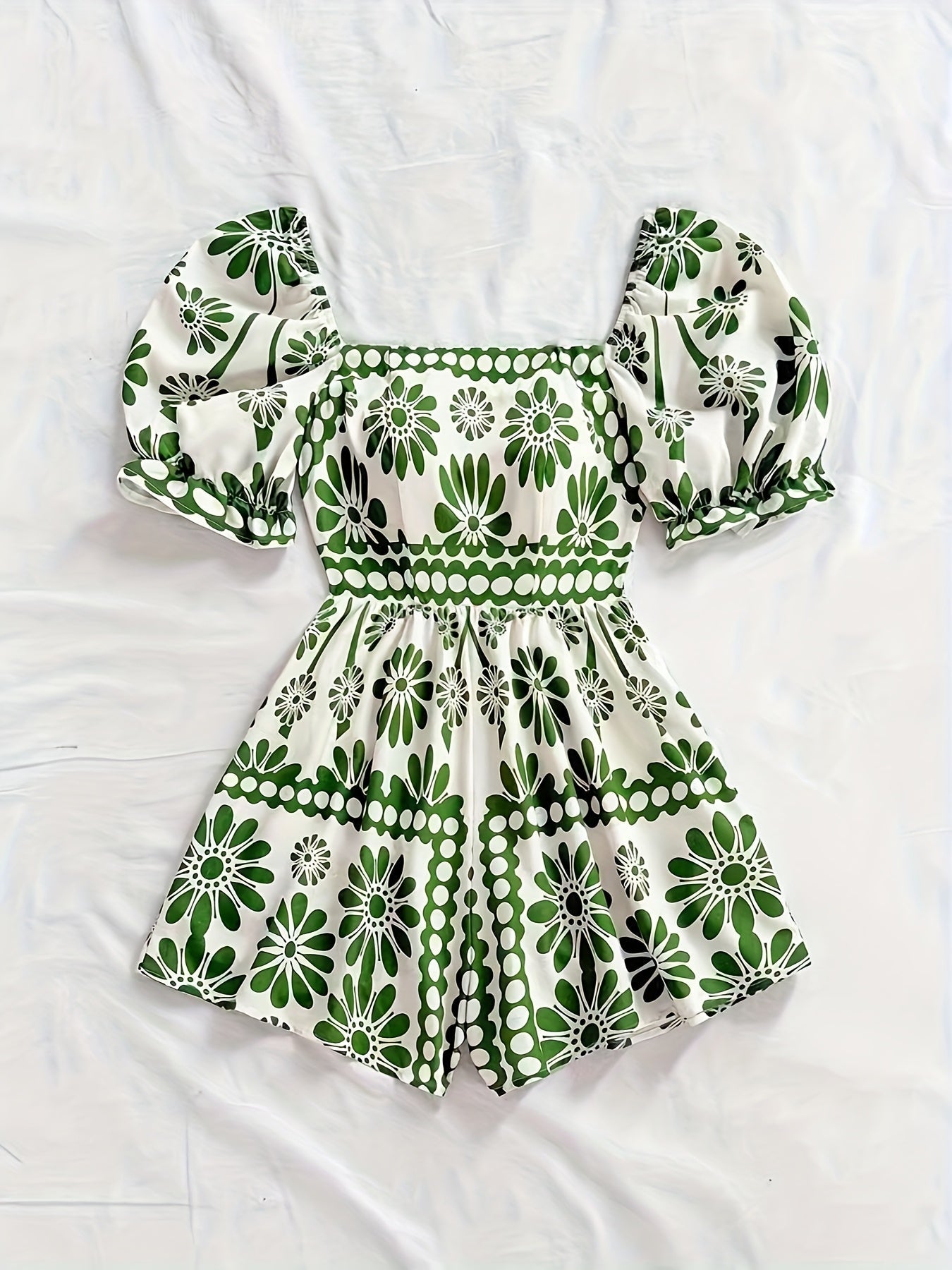 Damen Vintage-inspirierter Jumpsuit mit Puffärmeln und Blumenmuster – Eleganter Einteiler für Freizeit und Events