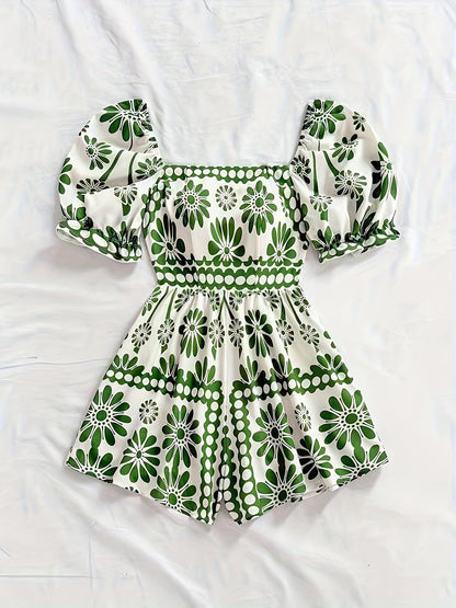 Damen Vintage-inspirierter Jumpsuit mit Puffärmeln und Blumenmuster – Eleganter Einteiler für Freizeit und Events