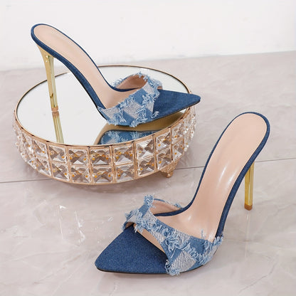 Damen Stiletto Mules mit Fransen und Spitz zulaufender Form – Modische High Heels für besondere Anlässe