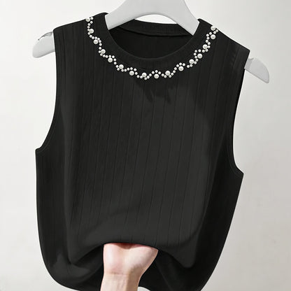 Damen Elegantes Stricktop mit Perlenbesatz, Ärmellos, Perfekt für Alltag und Büro