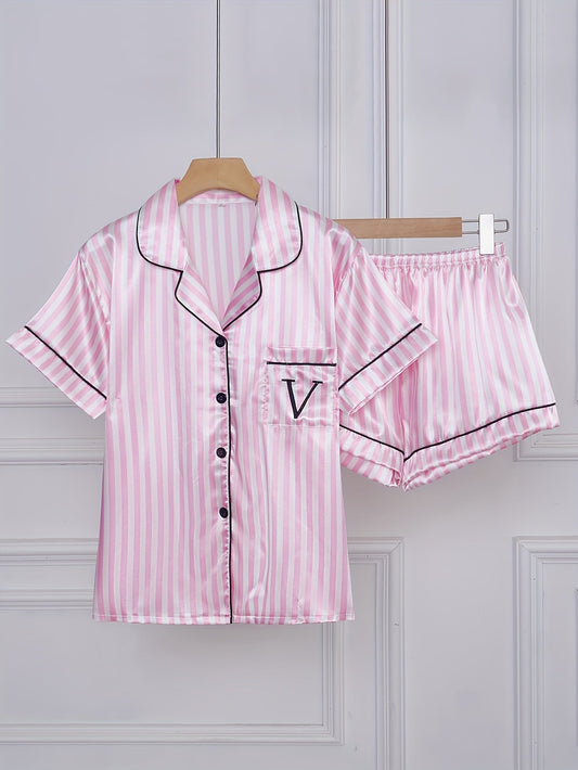 Damen Satin Pyjama Set mit Streifen, Kurzarm, Klassischer Schlafanzug für Frühling und Sommer