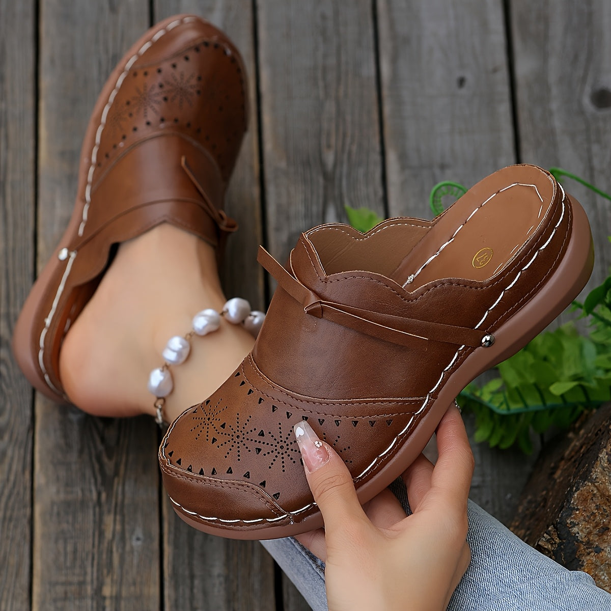 Damen Vintage Komfort Clogs Slip-On Schuhe für Freizeit und Alltag