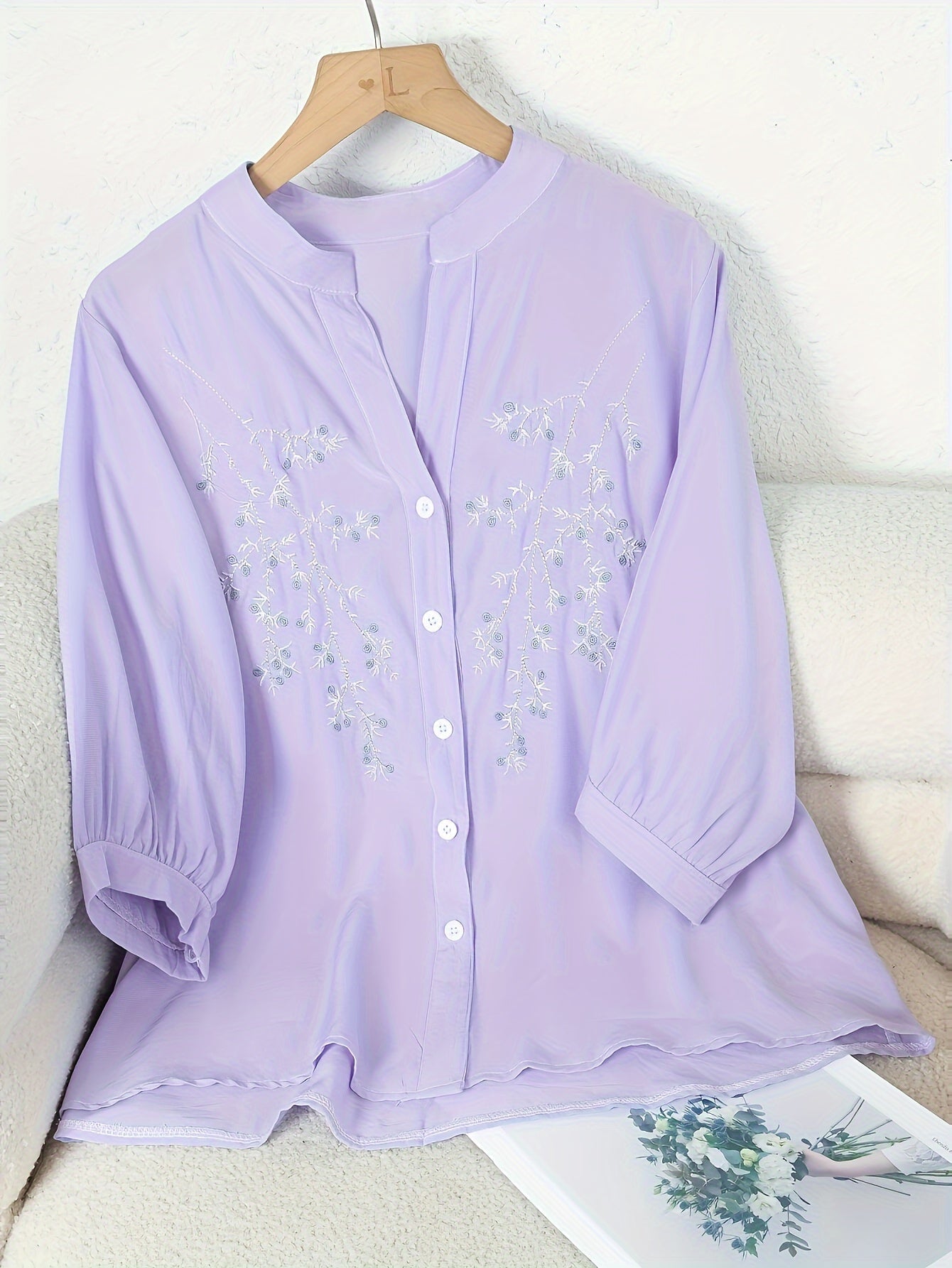 Damen Elegante Bluse mit Stickerei und lockerem Schnitt – Perfekt für Freizeit und Büro