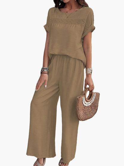Damen Sommer Zweiteiler Set – Lässiges Boho Outfit mit weiter Hose und Kurzarm Bluse, Ideal für Strand & Freizeit