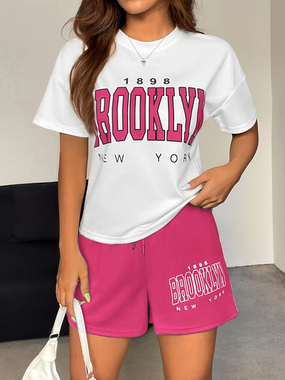 Damen Streetstyle Zweiteiler Set – Brooklyn New York Print T-Shirt und Shorts, Urban Freizeit Outfit