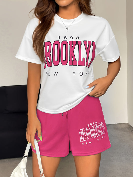 Damen Streetstyle Zweiteiler Set – Brooklyn New York Print T-Shirt und Shorts, Urban Freizeit Outfit